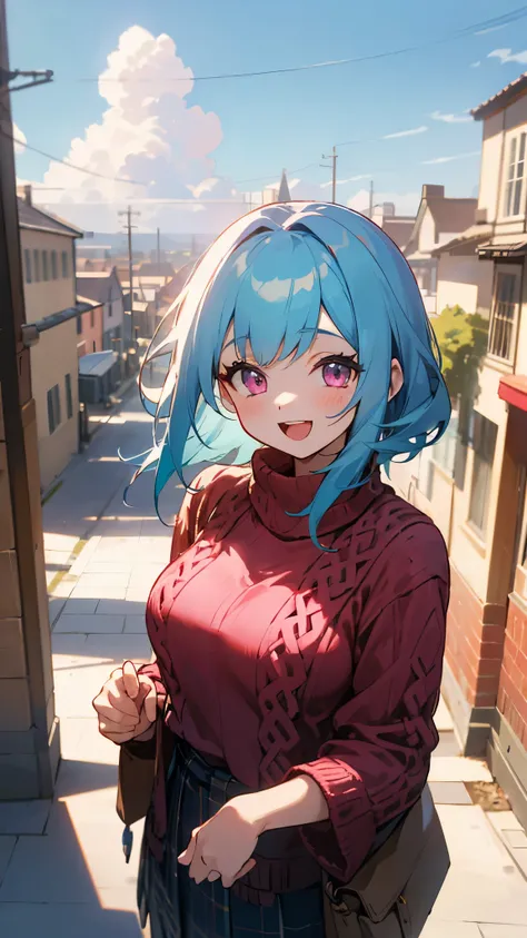 16 year old girl、light blue hair、pink eyes、smile、open your mouth、medium breasts、large amount of acorns、plaid skirt、knitwear、（colorful）、cowboy shot、From above、outdoor、morning、cloud、high buildings in the background、sidewalk、upper body close-up