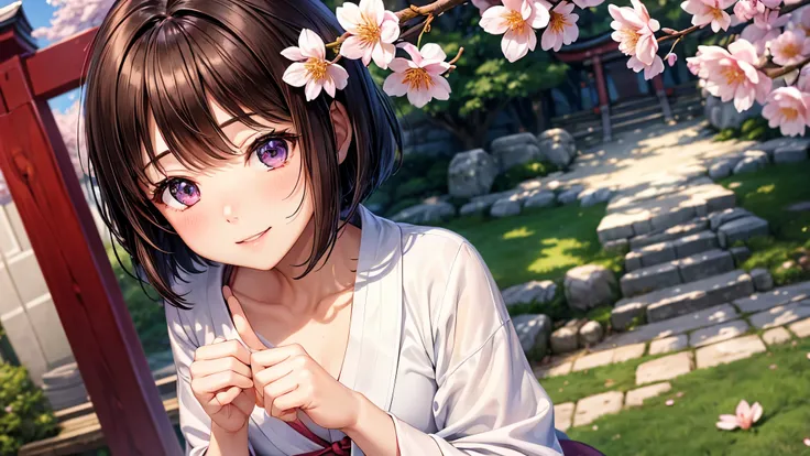 masterpiece、High-definition CG unified 8K wallpaper、1girl、beautiful、real、とっても可愛いgirl、(girl)、dark brown hair、cowboy shot、bob cut、short hair、violet eye、Brown eye、smile、(clear white skin))、branch、梅のflower、depth_of_field、flower、gem、nose、real、solo、white kimono、...