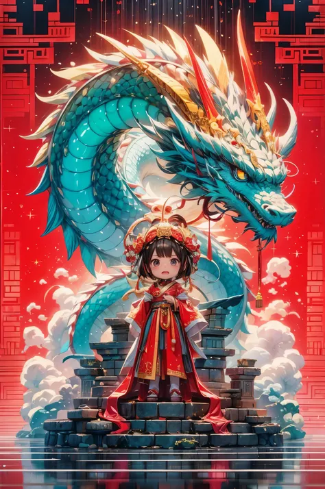  (Full Body Shot) , 1 Transparent cute girl,Behind him is a transparent and Chinese dragon，big eyes，Gold coin decoration，pixar animation，IP design，Ultra-fine details，resin，Best quality oc rendering，Strong light effect，plain red background，Ultra-detailed , ...