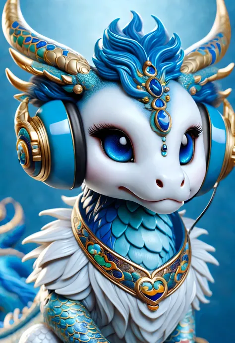 neofuturistic style, （Proud Chinese dragon wearing big headphones），realistic hair，Chinese cloisonne，portrait, Beautiful detailed，cartoon，Lovely，