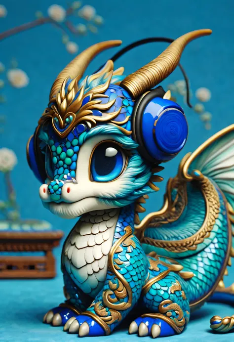 neofuturistic style, （proud chinese dragon wearing big headphones），realistic hair，chinese cloisonne，portrait, beautiful detailed...