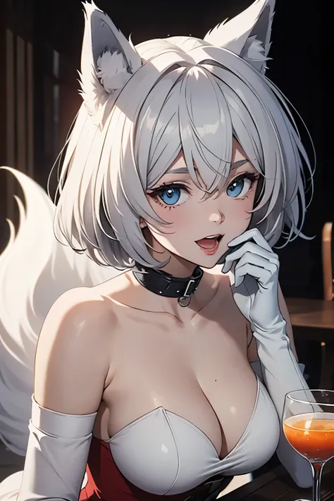 table top　High level image quality　best image quality　8K　adult woman（I）　portrait　white long gloves（（blanche）（long gloves））　white pantyhose（（blanche））　cocktail dress（（Tube top）blanche））　wolf ears　short hair（（shortcut）（gray hair）（perm）（fluffy））　eye color is ...