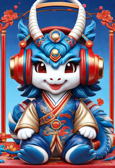 neofuturistic style, (proudly, Cute and naughty Q-version Chinese dragon listening to music with big headphones), realistic hair, Chinese cloisonné color, portrait, beatiful and detailed, Red Chinese New Year background