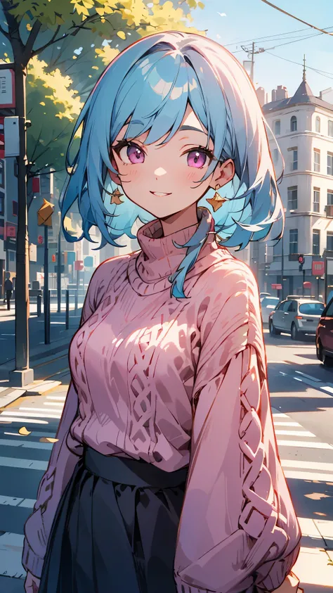 16 year old girl、light blue hair、pink eyes、smile、small breasts、large amount of acorns、skirt、knitwear、cowboy shot、outdoor、morning、high buildings in the background、sidewalk、upper body close-up