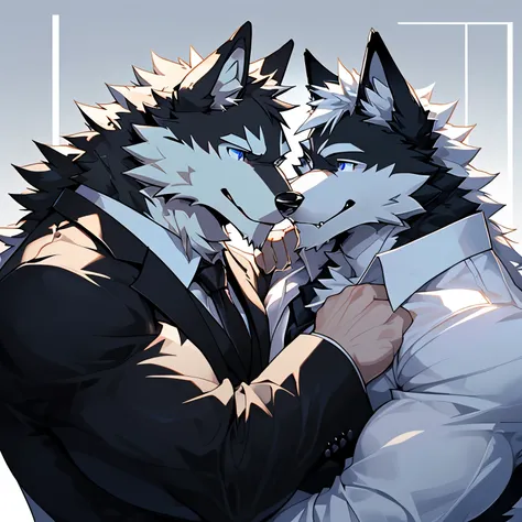 (Best Quality), 1Male, (Furry Black-and-white Bicolor Wolf), Blue Eyes, White Medium Hair, Business Set, Muscular, Good Looking, teeth, 1Male, (Furry Black Wolf), Purple Eyes, Business Set, Good Looking, Muscular, ((Black-and-white Bicolor Wolf kissing Bla...