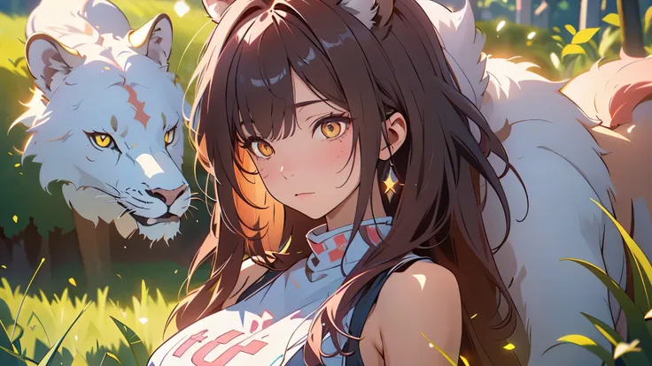 Leona,leona, yellow eyes, fox ears, long Pink hair, white dress, short dress, sleeveless, sideboob, detached sleeves, shorts, belt, grass field, Zoo, White Lion Animal , Lion Cub, Pink Fox Ear, ((Best quality)), ((masterpiece)), 3D, HDR (High Dynamic Range...