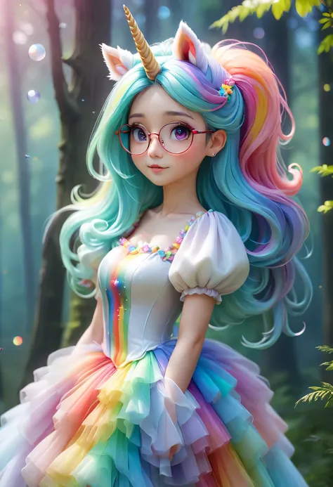 （unicorn，搞怪的unicorn女士，personification），Rainbow color princess dress，puff sleeves，Glasses。colored hair，，Rainbow Tail，Fantasy forest background blur