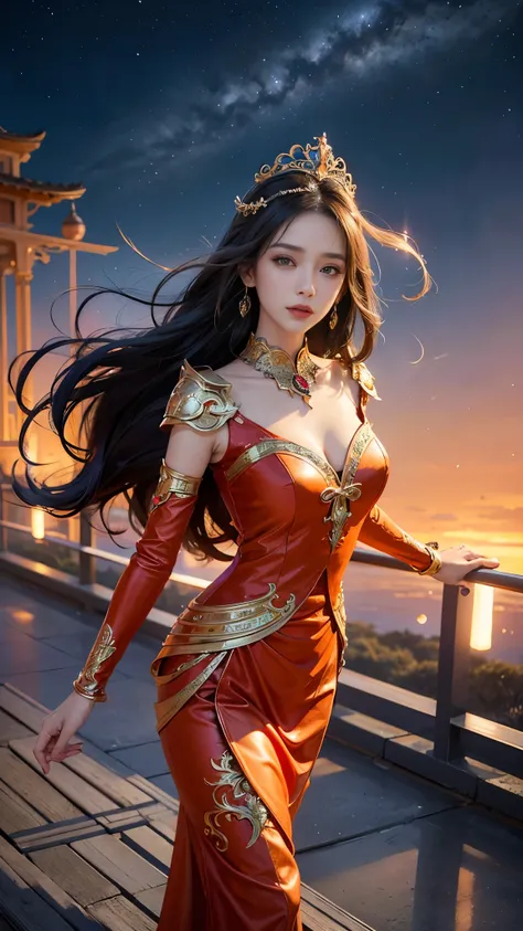 Woman in orange outfit, view the viewer, Purple wings, Slim waist, Long hair, Ultra-detailed details, High-end Zhenyi station, Rainstorm site, detailed fantasy art, Stunning character art, Beautiful and exquisite character art, Beautiful orange armor, Extr...