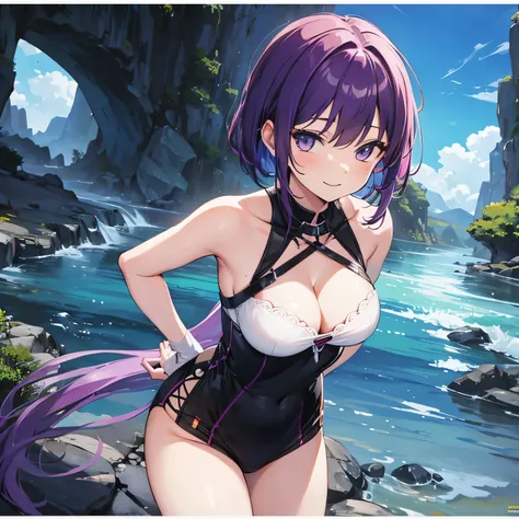 (T Masterpiece，4k wallpaper，best quality))、((girl１people))、(solo)、Brilliant，(purple hair)、(shortcut:1.3)、smile、spa、hot spring