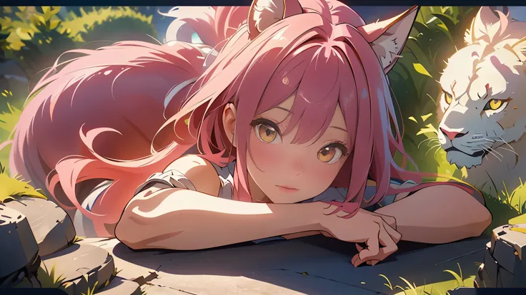 Leona,leona, yellow eyes, fox ears, long Pink hair, white dress, short dress, sleeveless, sideboob, detached sleeves, shorts, belt, grass field, Zoo, White Lion Animal , Lion Cub, Pink Fox Ear, ((Best quality)), ((masterpiece)), 3D, HDR (High Dynamic Range...