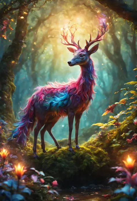 magical creatures in the mysterious forest, energetic colors, fantasy elements, mysterious magic, dream colors, magical world, w...