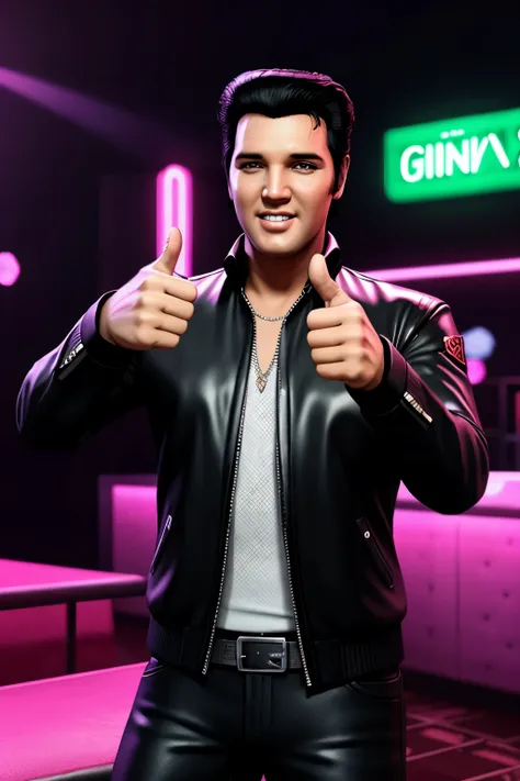 elvis presley posing thumbs up,smiling,indoor,nightclub,neon background,gta style,GTA