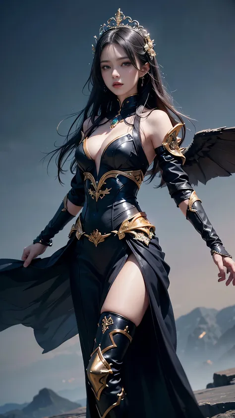 Woman in black outfit, view the viewer, Purple wings, Slim waist, Long hair, Ultra-detailed details, High-end Zhenyi station, Rainstorm site, detailed fantasy art, Stunning character art, Beautiful and exquisite character art, Beautiful black armor, Extrem...