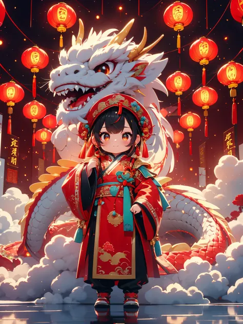 (whole body:1.5),1 super cute girl,Wearing a plush Chinese dragon hat,Chinese Year of the Dragon,big eyes,Gold coin decoration,pixar animation,IP design,Ultra-fine details,resin,Best quality oc rendering,Strong light effect,plain red background,Ultra-detai...