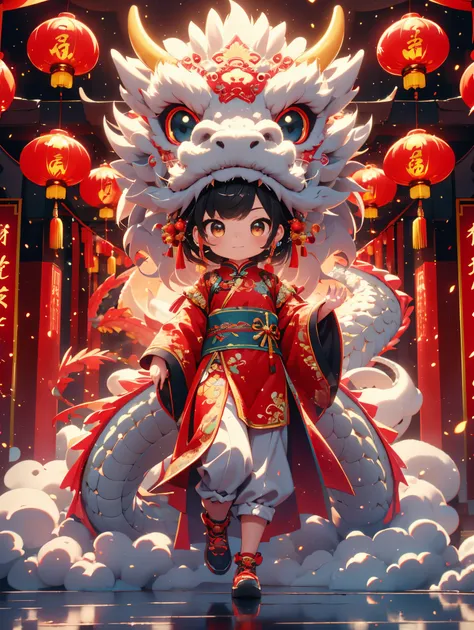 (whole body:1.5)，1 super cute girl，wearing a plush chinese dragon hat，chinese year of the dragon，big eyes，gold coin decoration，p...