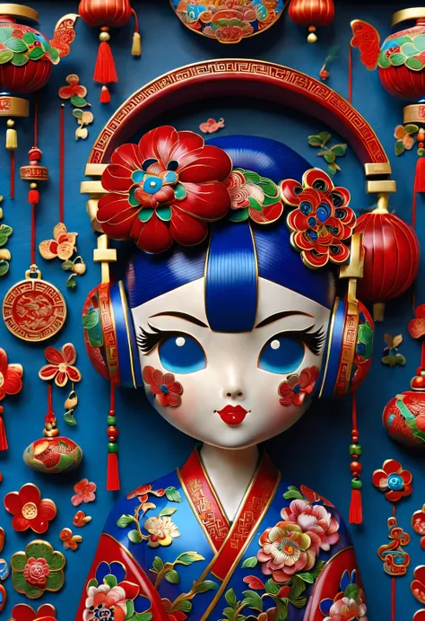 character idea，（一支头上戴着大耳机正在听音乐Q版of中国龙），Headphones made of cloisonne，yarn for hair，布偶of衣服，
3d rendering，逼真of毛发，Chinese cloisonne，cartoon，cartoon，of，portrait, Beautiful detailed，Red lunar new year background，paper cutting，dopamine，Realistic photography，Perfe...