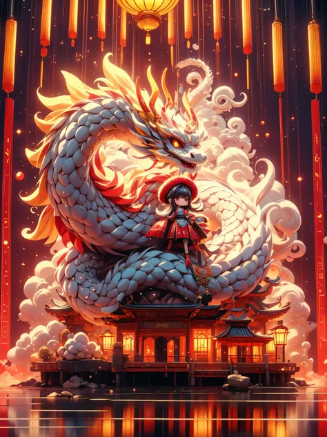 (whole body:1.5)，1 super cute girl，wearing a fluffy hat，there is a chinese dragon coiled behind him，big eyes，gold coin decoratio...