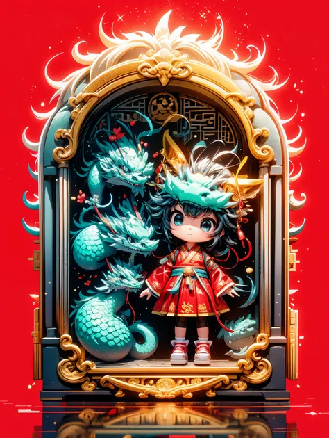 (blind box toy style:1.2), (Full Body Shot) , 1 Transparent cute girl,Behind him is a transparent and Chinese dragon，big eyes，Gold coin decoration，pixar animation，IP design，Ultra-fine details，resin，Best quality oc rendering，Strong light effect，plain red ba...