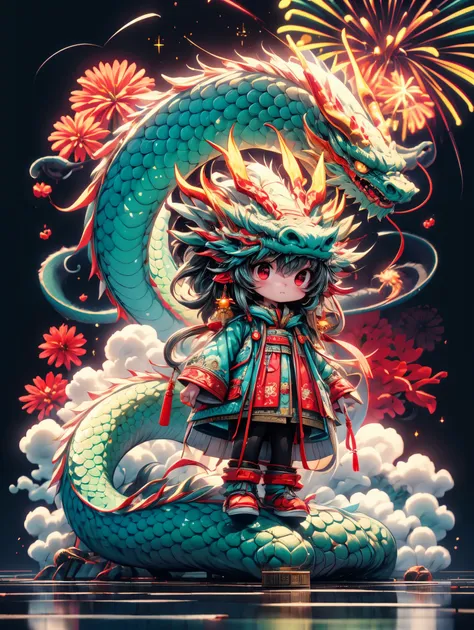 (full body shot) , 1 transparent cute girl,behind him is a transparent and chinese dragon，big eyes，gold coin decoration，pixar an...