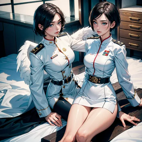 (Higher resolution, distinct_image) A woman of the best quality, masterpiece, highly detailed, semi realistic, asian woman with short hair, with central hair, 18 years old, young, tall and sexy, pure white clothes, white uniforms, military uniforms, milita...