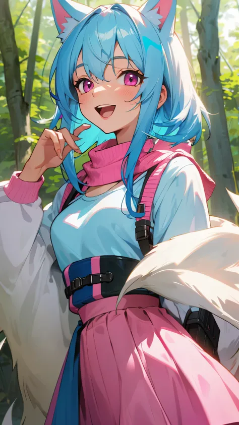 16 year old girl、light blue hair、dog ears、pink eyes、smile、open your mouth、small breasts、skirt、colorful knitwear、in the forest、morning、upper body close-up、Have a packed lunch