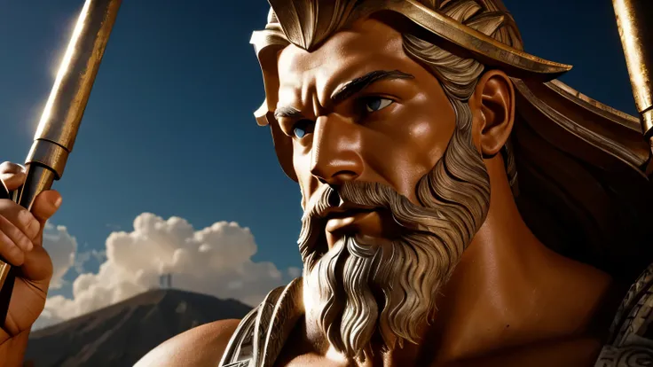 Cinematic image of Zeus, imposing pose, inspired by Greek characters, detailed background, 8k, super detailed, inspired by stoic characters, 8k, cinematic.