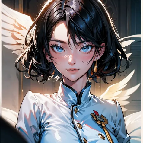 (Higher resolution, distinct_image) A woman of the best quality, masterpiece, highly detailed, semi realistic, asian woman with short hair, with central hair, 18 years old, young, tall and sexy, pure white clothes, white uniforms, military uniforms, milita...