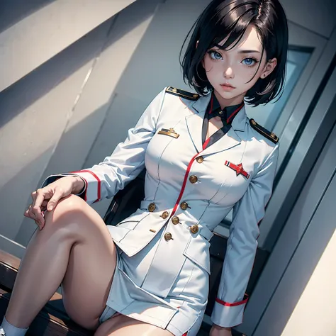 (Higher resolution, distinct_image) A woman of the best quality, masterpiece, highly detailed, semi realistic, asian woman with short hair, with central hair, 18 years old, young, tall and sexy, pure white clothes, white uniforms, military uniforms, milita...