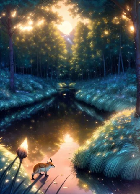 (best quality,4k,8k,highres,masterpiece:1.2),ultra-detailed,(realistic,photorealistic,photo-realistic:1.37),Enchanted forest, illuminated by the soft moonlight,playful foxes,graceful fawns,adorable cubs,wise owls,cute bunnies,prickly hedgehogs gather under...