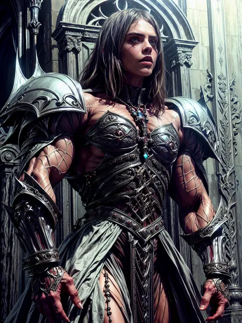 (1 girl), (cara delevingne:1.25), (pure white skin:1.25), Beautiful vampire girl dressed in ornate medieval vampiric full body armor, (perfect fingers:1.24), (extreme muscular definition:1.5), (vampiric body armor:1.25), (huge muscular arms:1.5,) (10-pack ...