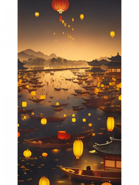 There are many lanterns floating on the water, Chinese traditional style. landscape background, Dream China Town, Floating lanterns, Floating lanterns, Lanterns at night, rossdraws global illumination, by Shitao, Beautiful art Ultra HD 4K, guweiz, Artie Gu...