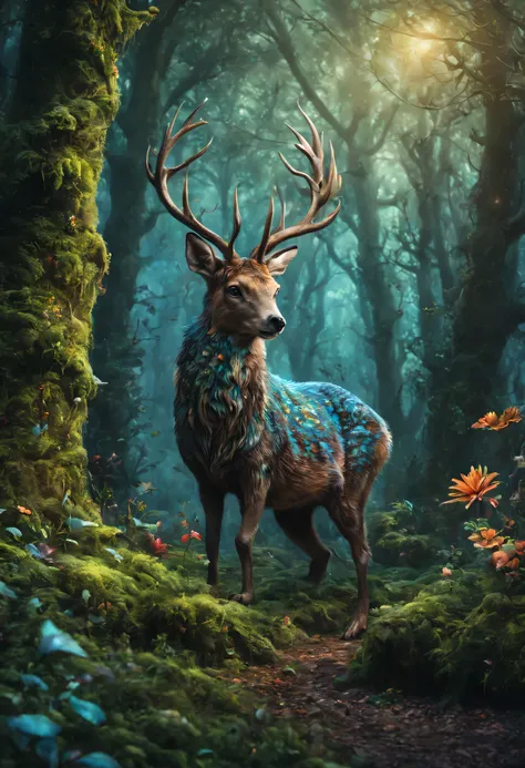 A mysterious enchanted forest, Fantastic animals living in the forest, Fantasy animals, magical world, mysterious creature, Bizarre creatures, Fantasy colors, enchanted forest, Fantasy elements, Fantasy elements, The forest is full of magic, It gives a sen...