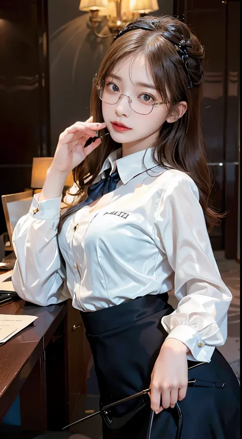 In a scholarly atmosphere, a woman embraces the charm of a glasses-wearing scholar. Her ensemble features modest yet stylish clothing, complemented by a pair of chic glasses that add an intellectual flair. With an air of intelligence and sophistication, sh...