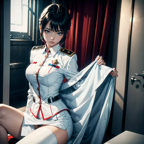 (Higher resolution, distinct_image) A woman of the best quality, masterpiece, highly detailed, semi realistic, asian woman with short hair, with central hair, 18 years old, young, tall and sexy, pure white clothes, white uniforms, military uniforms, milita...