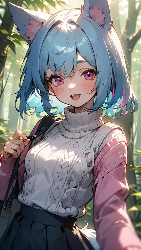 16 year old girl、light blue hair、dog ears、pink eyes、smile、open your mouth、small breasts、skirt、colorful knitwear、in the forest、morning、upper body close-up、Have a packed lunch