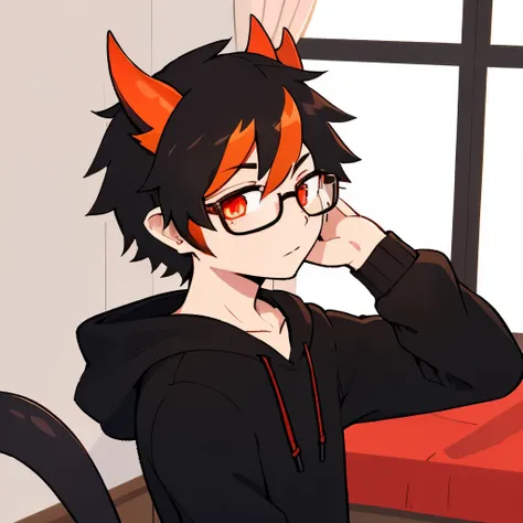 demon, no fur, fluffy black hair, glasses, only person, pale skin, orange highlights, crimson eyes, profile picture, demon tail, male, femboy, in room, gay, hoodie and pants, demon tail, profile picture, sweatpants, introvert, only person in room