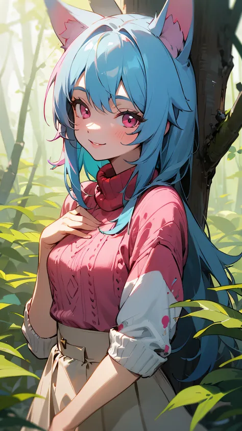 16 year old girl、light blue hair、dog ears、pink eyes、smile、small breasts、skirt、colorful knitwear、in the forest、morning、upper body close-up、Have a packed lunch