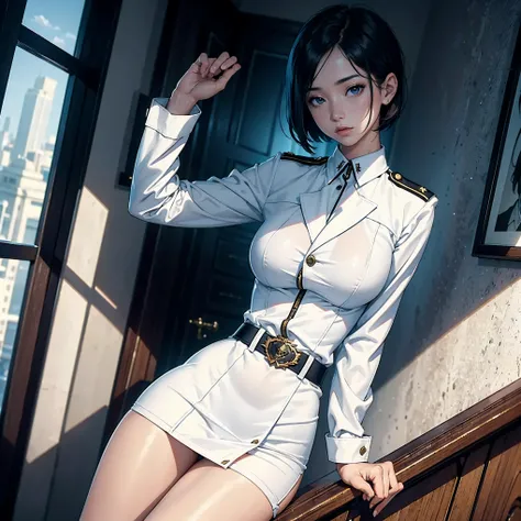 (Higher resolution, distinct_image) 1woman, solo, A woman of the best quality, masterpiece, highly detailed, semi realistic, asian woman with short hair, with central hair, 18 years old, young, tall and sexy, pure white clothes, white uniforms, military un...