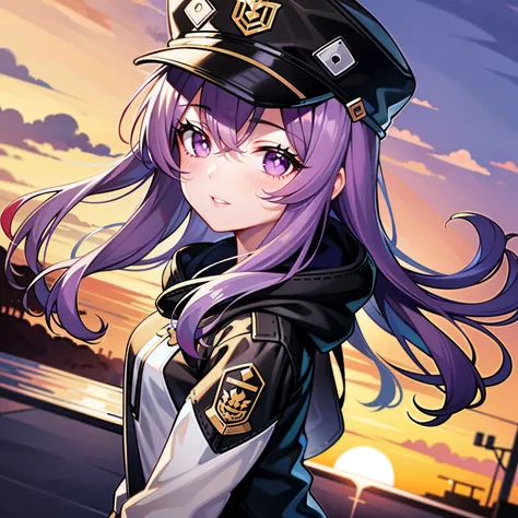 ((1girl, solo)), purple hair, long hair, purple eyes, grey, +_+, long sleeves, smile, (((parted lips))), hood down, (badge on hat), symbol-shaped pupils, looking at viewer, details eyes, absurdres, half body, ((sunset)), top view, (day time, sunny)