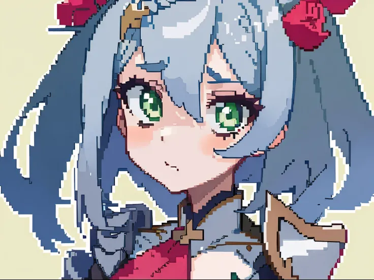 masterpiece, high quality, hcnone, pixel art, 1girl, noelle genshin impact, silver hair, green eyes, simple gold color background