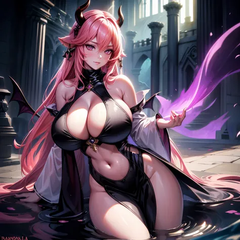 A female demon milf with black demon horn with wet dress, transparent dress getting wet, visible belly button, visible belly, ((demon horn)), extremely long pink rapunzel hair, ((Rapunzel pink hair)), white eyes of the devil., ((white eyes)), voluminous bo...