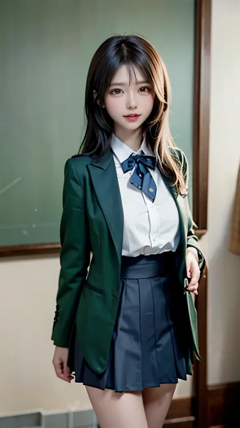 masterpiece, highest quality, 1 girl, alone, Nahida_Genshin, cross-shaped pupil, school uniform, green tie, blazer, pleated skirt, green cloak, Are standing  