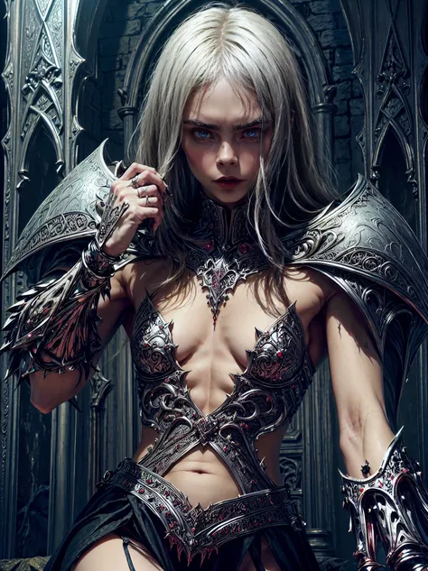 (1 girl), (cara delevingne:1.25), (pure white skin:1.25), beautiful vampire girl dressed in ornate medieval vampiric full body a...