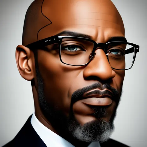 Create a captivating drawing of a bald black man with a thin nose and a beard, donning square glasses. His features exude an intellectual and thoughtful demeanor. The intricate details of his bald head and the curve of his beard are superbly depicted. The ...