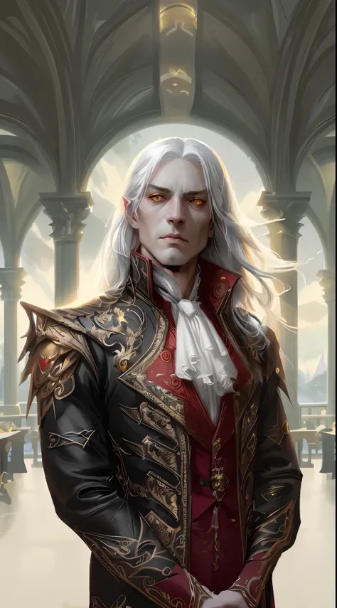 a man with pale grey skin and chisled features, he has long straight white hair, he has golden yellow eyes, wearing a black and red ornate suit, charming aura, in the style of Magic the Gathering card artwork, Jesper Ejsing, fantasy art, trending in artsta...