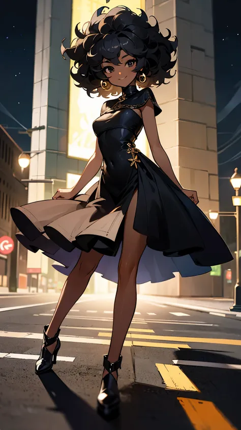 1 girl, African dark skin, curly hair, black high-slit dress, black eyes, friendly smile, night city sidewalk, view from the ground