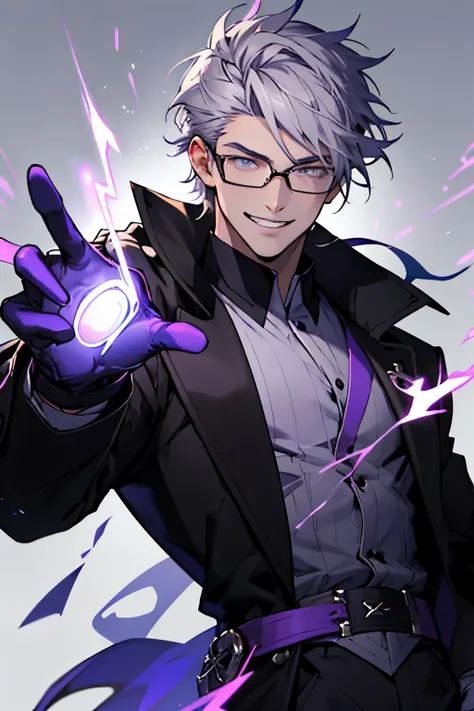 Beautiful young man with gray hair and glasses。Black coat with classic design decorations、white gloves。Grinning, he holds out his right hand and manipulates purple lightning magic.。The background is a purple magic square。