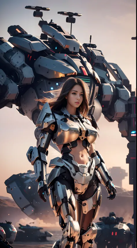 8K HD, best image quality, clear picture, amazing details, beautiful girl and giant mech, girl focus, detailed girly face, girly details amazing, upper body photo, huge mech background, blurred mech, optimized depth of field to make the picture more realis...