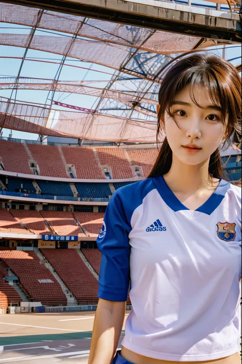 1girl, sexy, beautiful, idol, korean idol, football shirt, barcelona football shirt, at the stadium, sunny day, windy