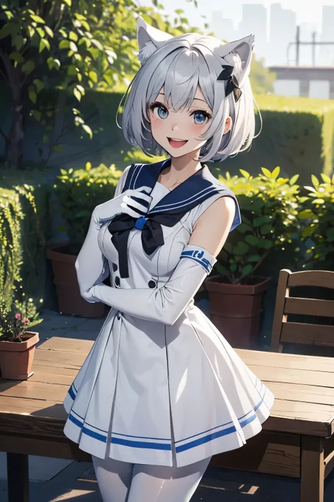 table top　High level image quality　best image quality　8K　 adult woman　Portrait　white long gloves（long gloves）　white pantyhose　sailor suit（sleeveless）　mini skirt　White wolf ears　short hair（（shortcut）（gray hair）（perm）（fluffy））　eye color is blue　Face seducing...